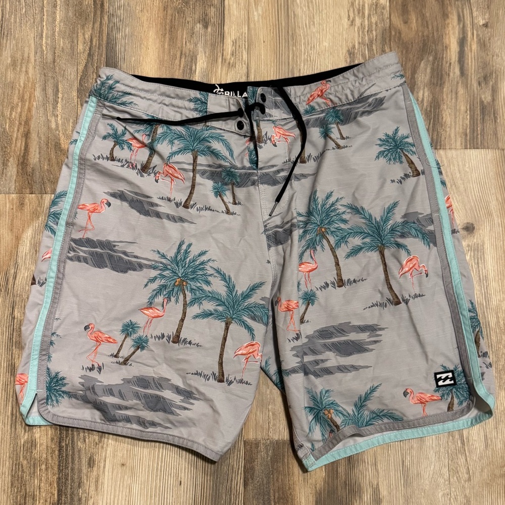 Billabong Gray Swim Board Shorts with Teal Palms & Pink Flamingos